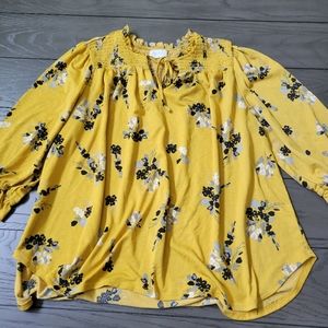 Melloday Peasant Top Blouse Shirt Boho Plus Size 2X Yellow Floral.